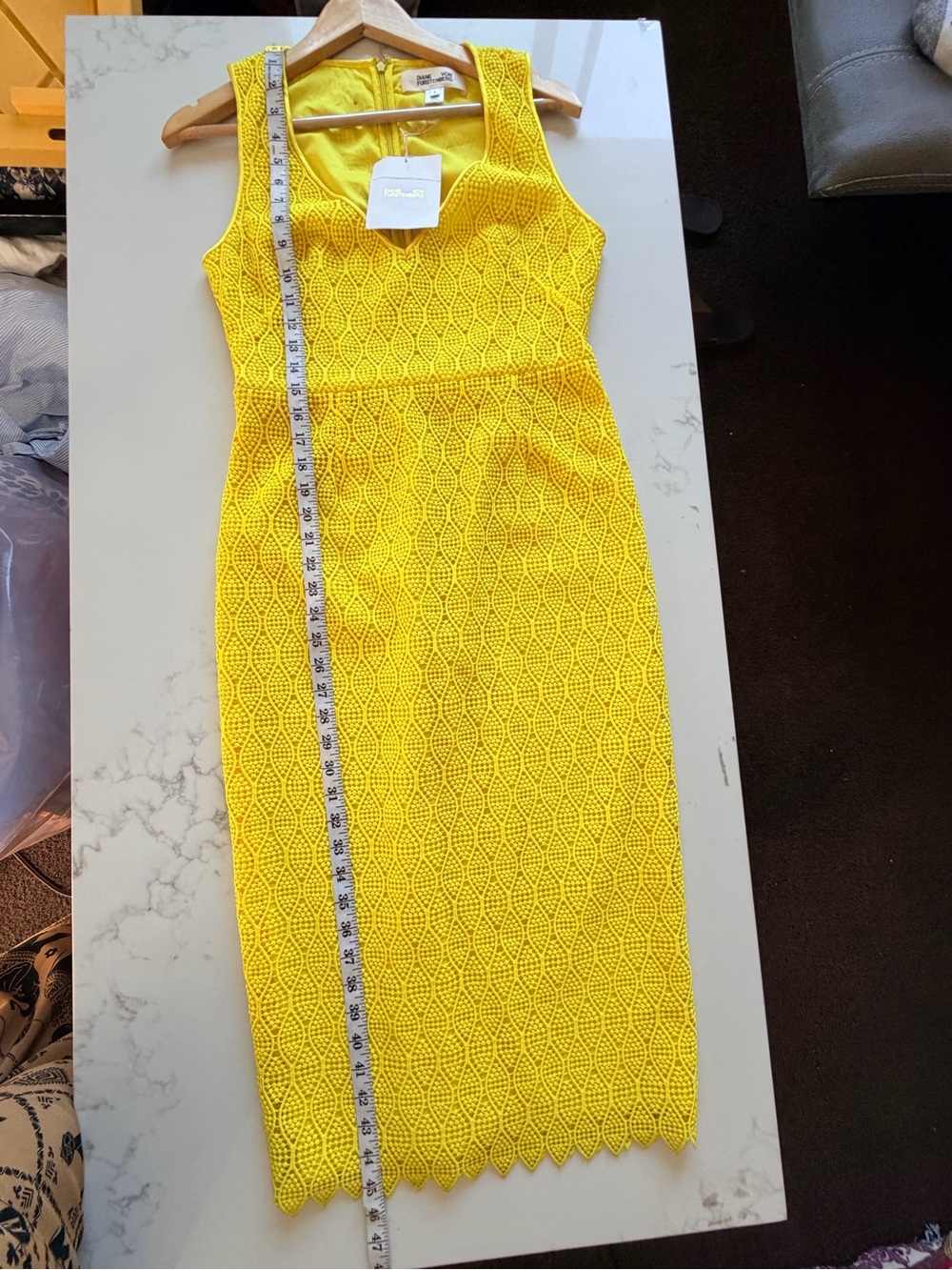 Diane Von Furstenberg Bright Yellow Lace V-Neck Midi Dress - Picture 7 of 16
